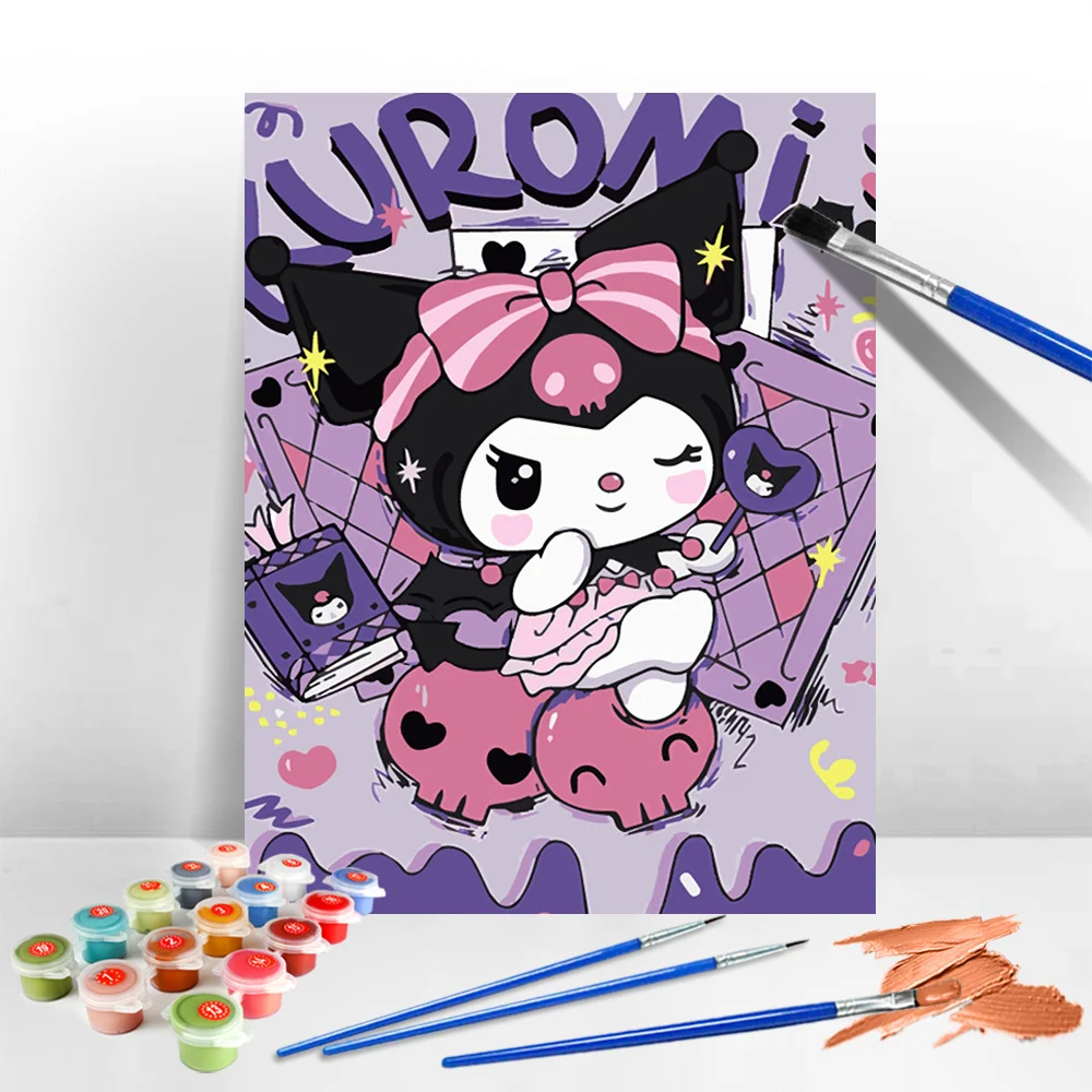 Sanrio Drawing By Numbers Cartoon DIY Ready Frame Oil Painting By Numbers Kuromi Acrylic Paint Canvas Kits Children's Room Decor