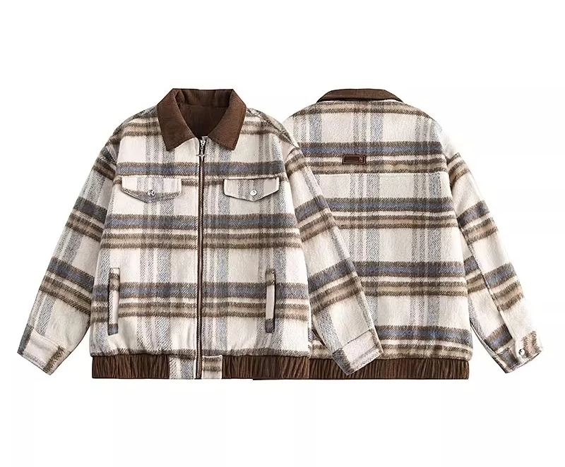 2025 Spring and Autumn New American Retro Plaid Woolen Blazer Women's Loose Korean Style Turn-Down Collar Casual Jacket Top