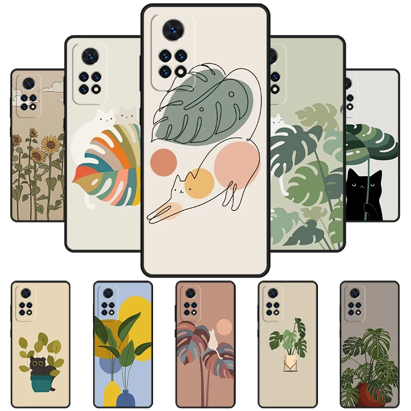 Plants and Cat Minimalism Phone Case For Redmi Note 11 EPro 11S 10T 9S Promax 8 Pro Xiaomi Mi 11 12X 12S Ultra Cover