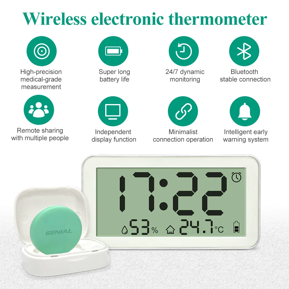 Wireless Electronic Thermometer with Large Screen Display - Dual Monitoring for Body Temperature & Environment, Bluetooth Connection, Intelligent Alarm System for Elderly, Infants
