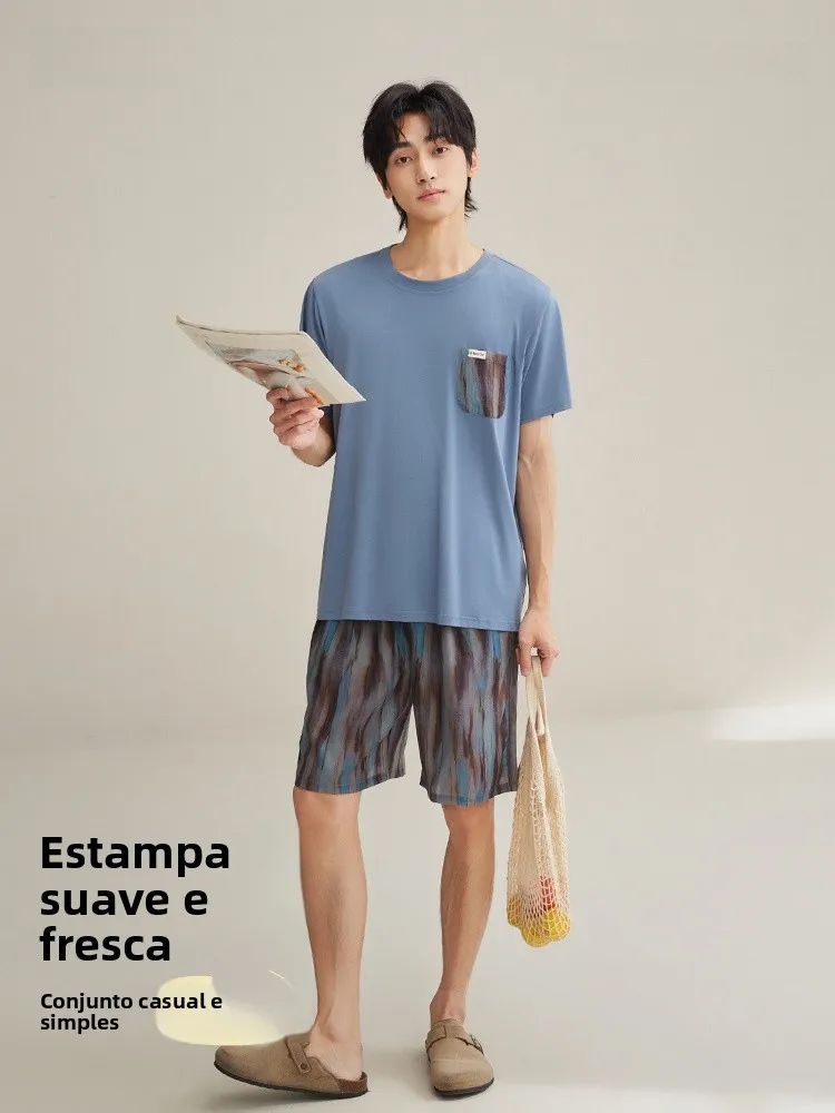 anziban-pure-cotton-men's-sleepwear-summer-overhead-short-sleeve-shorts-loose-casual-home-clothes-set-for-young-men