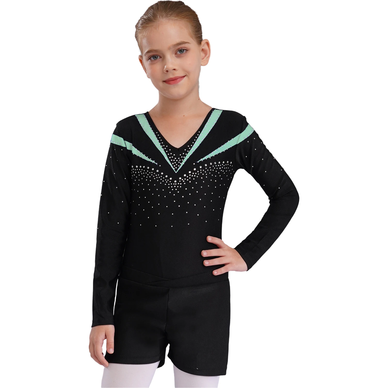

Kids Girls Figure Skating Gymnastics Leotards Long Sleeve Sparkly Rhinestone Contrast Color Bodysuit+Shorts for Ballet Dancewear
