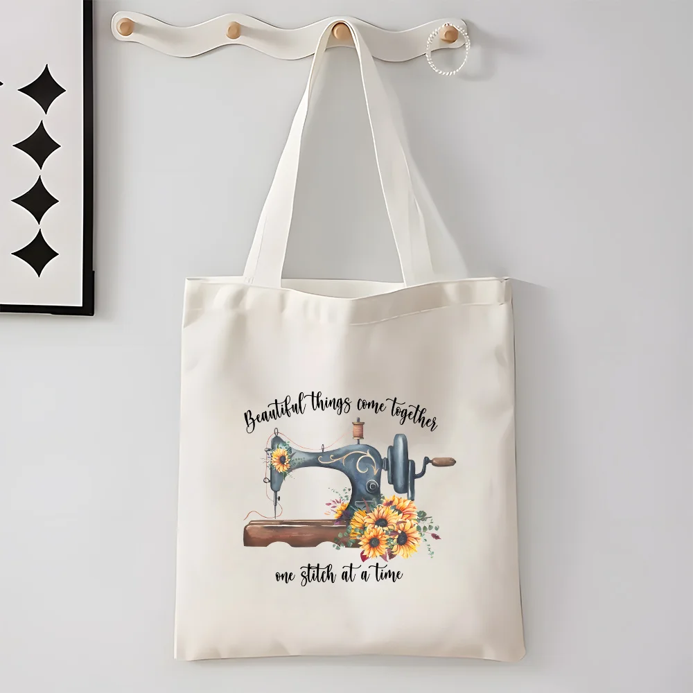 A Sewing machine pattern print canvas tote bag, suitable for daily use, shopping, school, and travel