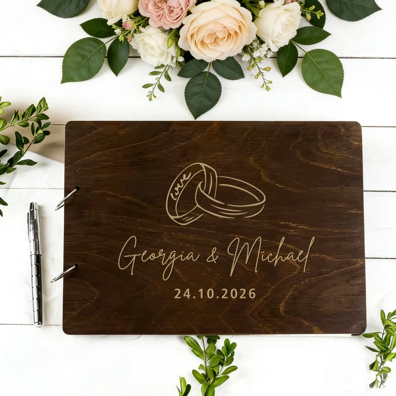 

Dark Brown Wood Cover Guest Book, Personalized Wedding Guest Book, Wedding Wooden Photo Album, Wedding Anniversary Gift