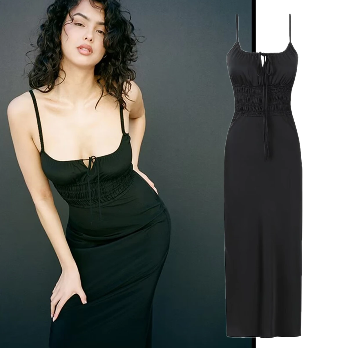 Withered French Minimalist Midi Dress Satin Black Suspender Dress Women Slim Fit Sheath Sexy For Summer