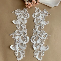 2Pair European Style Hand Sewn Embroidery Lace, Mirror Flower,DIY Wedding Veil, Clothing Decoration, White, 43x15.5cm
