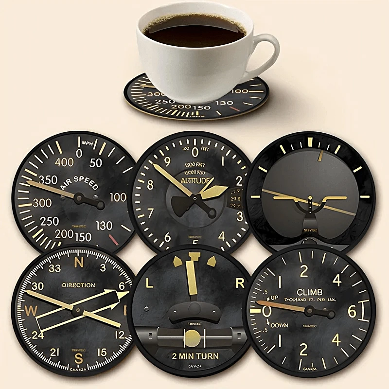 Conjunto de 6 Porta-Copos de Madeira Planos 2D com Design de Instrumentos de Aviação para Decoração de Mesa de Escritório, Casa e Sala de Jantar, Presentes Perfeitos para Feriados