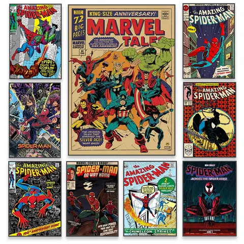 Disney clássico cartaz do homem aranha imprime vingadores filme dos desenhos animados do vintage pintura em tela quadrinhos fotos decoração do quarto do miúdo