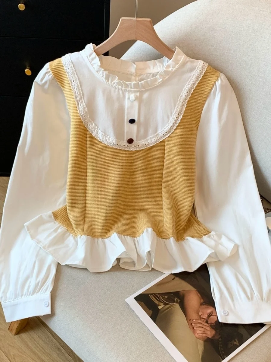 Long Sve irt ort Sle pour femmes, Design asymétrique, couleur, ourlet à volants, coupe coréenne, détail de boutons