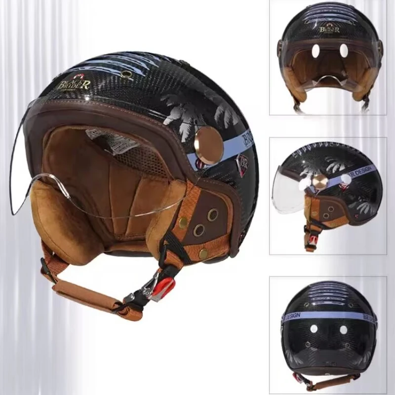 

Carbon Fiber Helmet Motorcycle Half Helmet Men Women E-bike Four Seasons Retro Motocross Summer Sun Protection Ultra-light