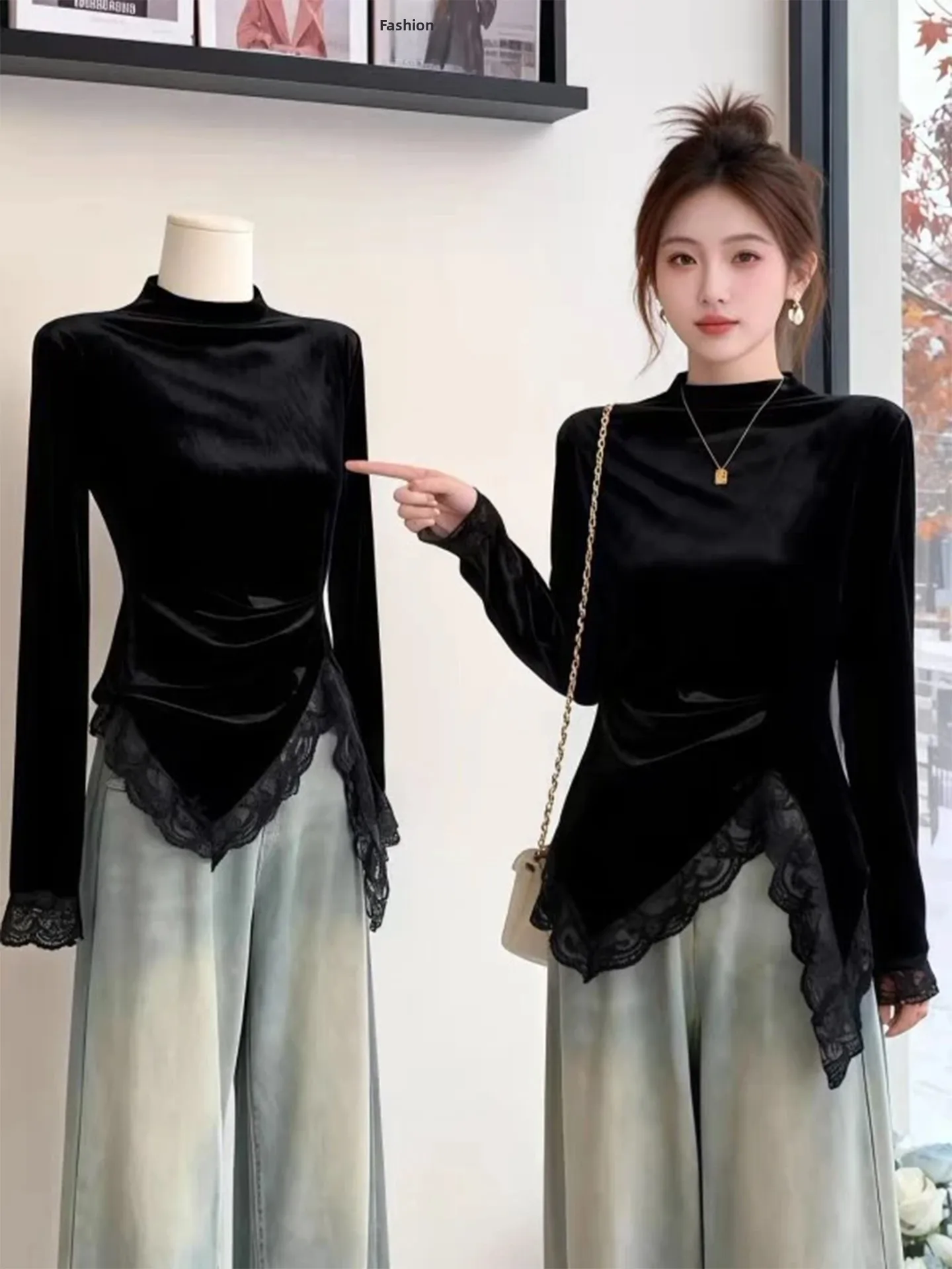 

Bla Velvet Asymmetrical Long Sve Women's T-irt Slim Fit Base Layer irt High Waist Lace Detail Ci Walk Suitable