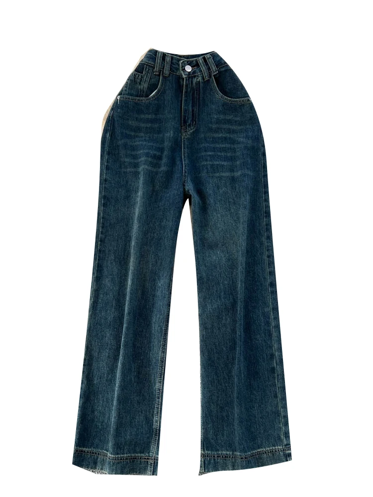レトロウェイドデニムワイドレッグパンツ女性のハイウエストカジュアルストレートカットパンツ秋冬新作 Sle アメリカンデザイン