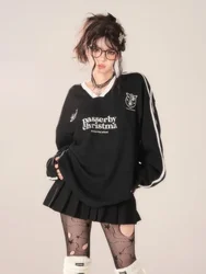 QWEEK Y2k Coquette Oversized Letter Hoodie Women 2024 School Student Harajuku Stripped White Long Sleeve Sweatshirt Tops Autumn