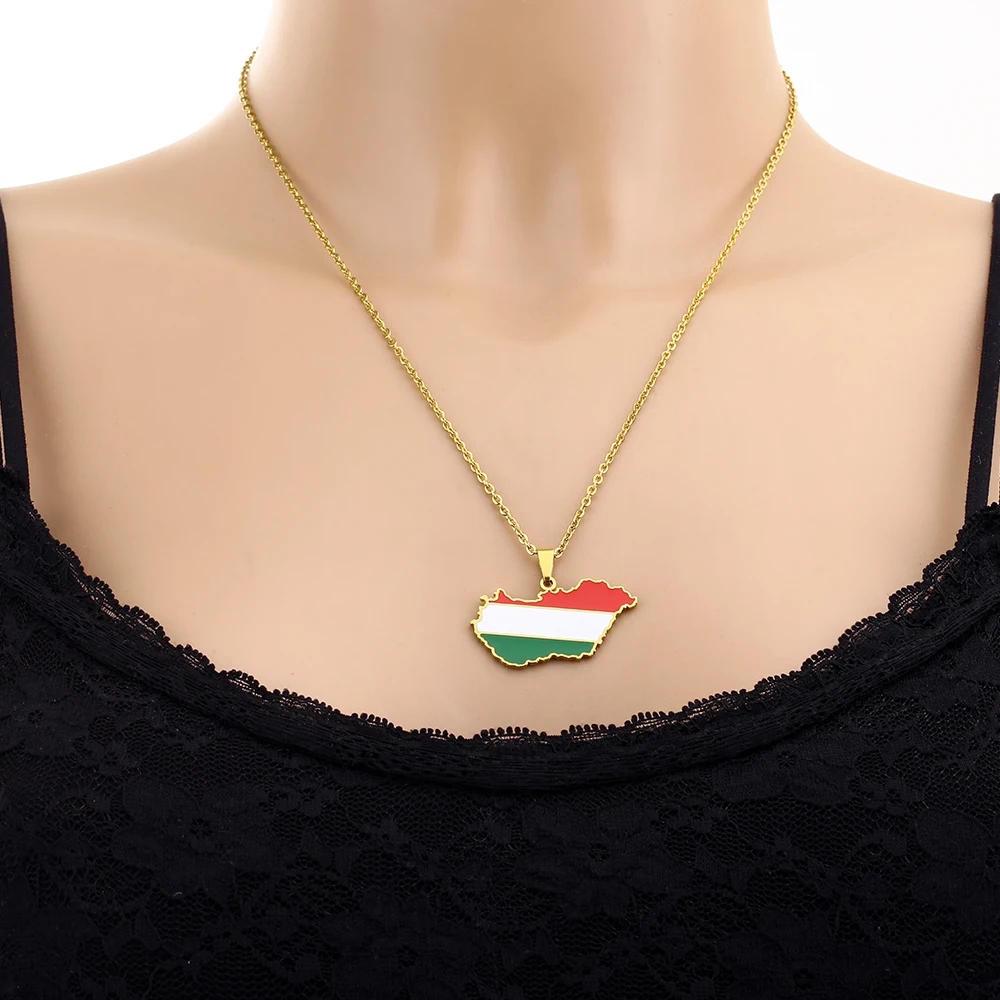 Stainless Steel Hot Sale Hungary Map Flag Pendant Necklace Unisex Couple Ethnic Patriotic Jewelry Gift European American Style