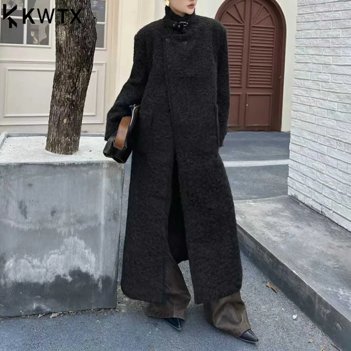 

KWTX женское длинное пальто из 100% шерсти, зимнее дизайнерское пальто с воротником-стойкой, винтажное элегантное повседневное однотонное пальто с карманами на одной пуговице, минималистичное новое