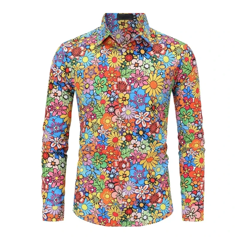 

lili 123Mens Print Long Sleeve 70s Ethnic Disco Hip Hop Casual Men Social Button Down Paisley Floral Vintage Shirt