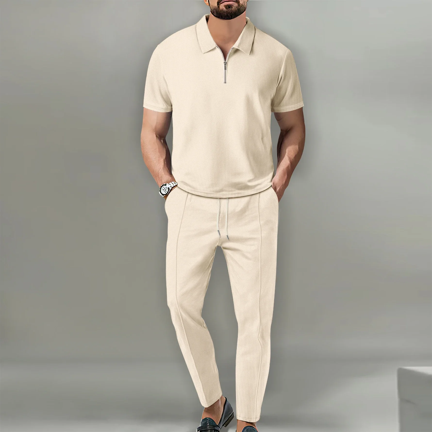 

New Men's Waffle Knit Solid Color Lapel Collar Short Sleeve Zip Up Top & Long Pants 2 Piece Casual Tracksuit Set