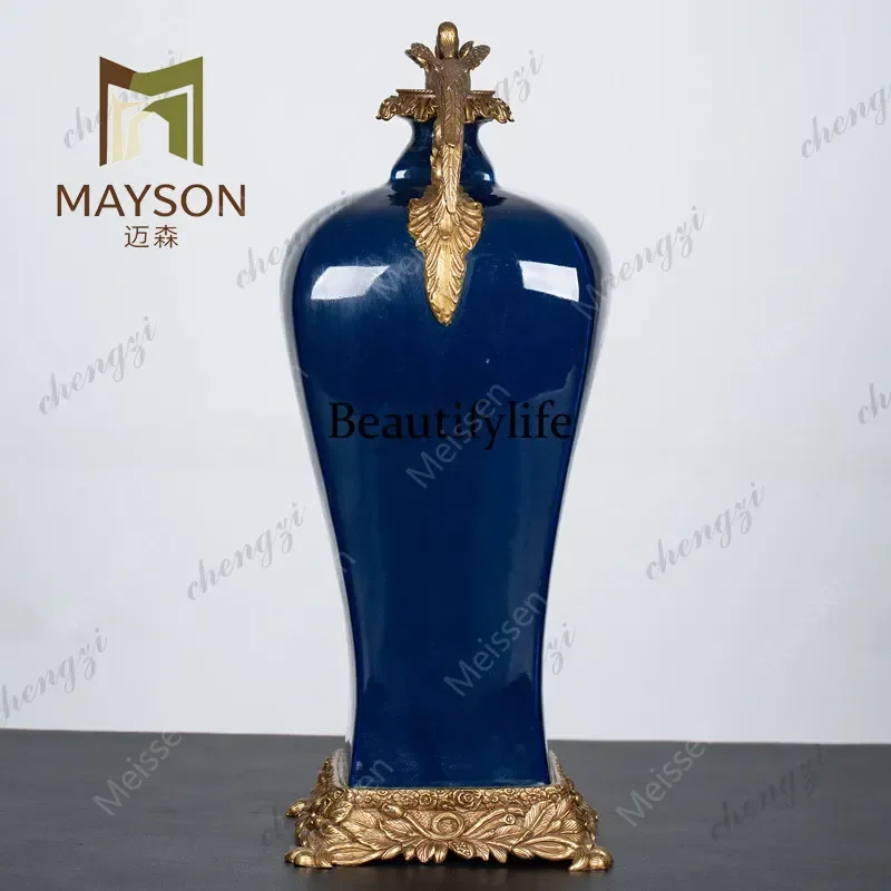 Ji blue glaze with copper double magpie square plum vase Jingdezhen ceramics vase European ornament