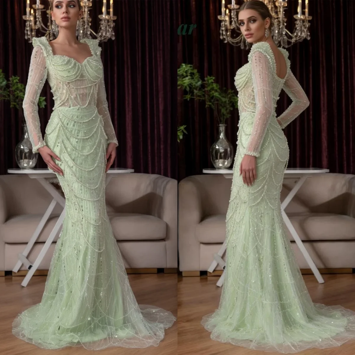 

Exquisite Beading Full Sleeves Eveining Dresses Sweep Train Sequins Mermaid Prom Gowns Customized Vestidos De Noche