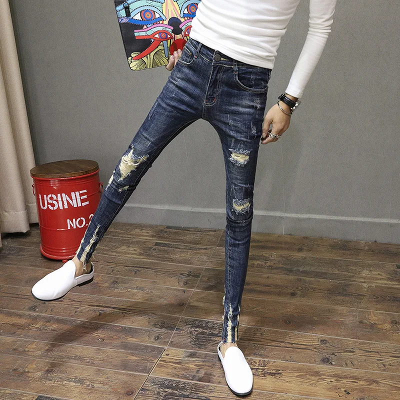 New 2022 Fashion Blue Ripped Hole Patch Slim Pants Male Skinny Jean Men Raw Edge Cat Claw Stretch Denim Ankle Length Pants Men