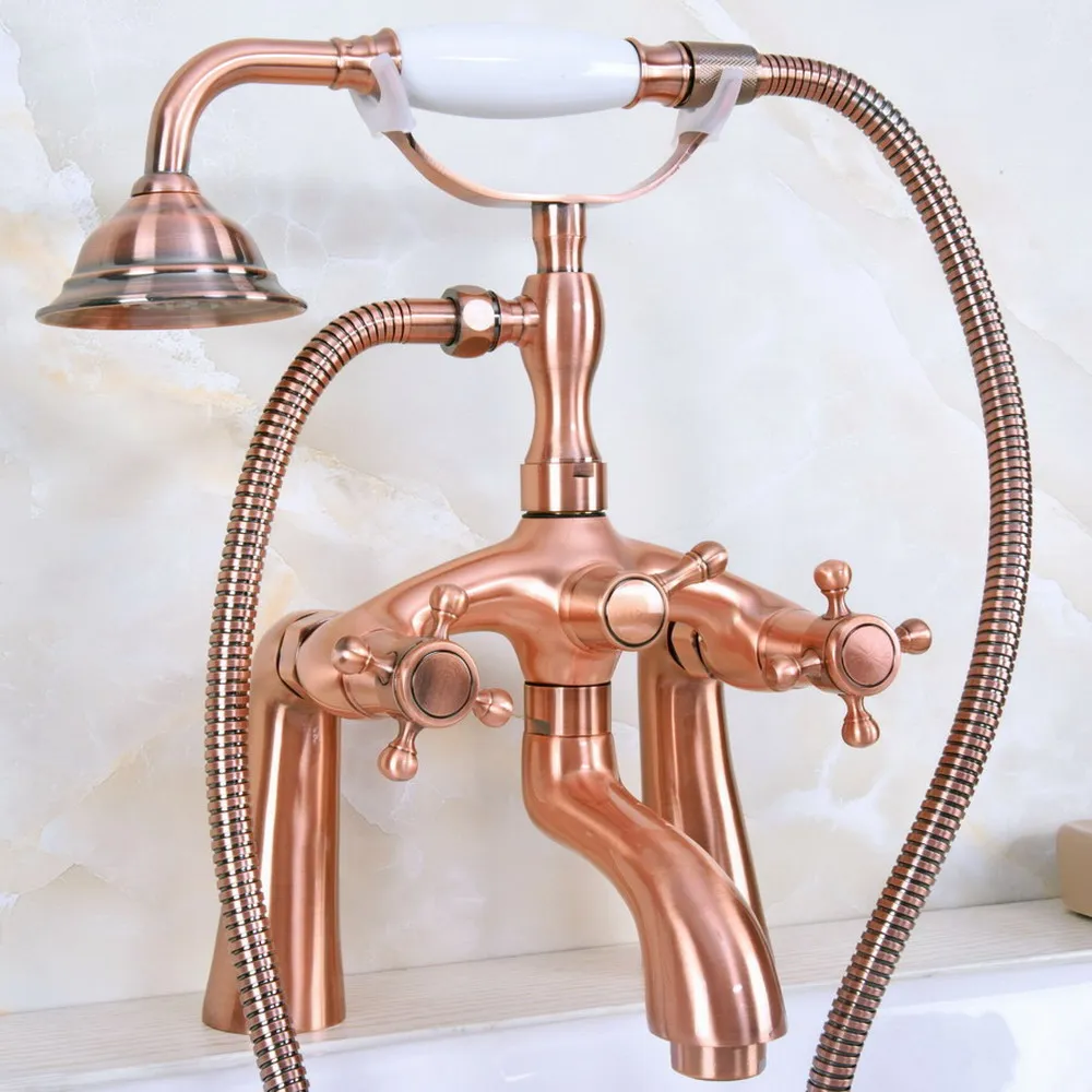 Antique Red Copper Deck Mounted Two Handle Bathtub Faucet Telephone Style Dual Hole Bathtub Mixer with Handshower Head