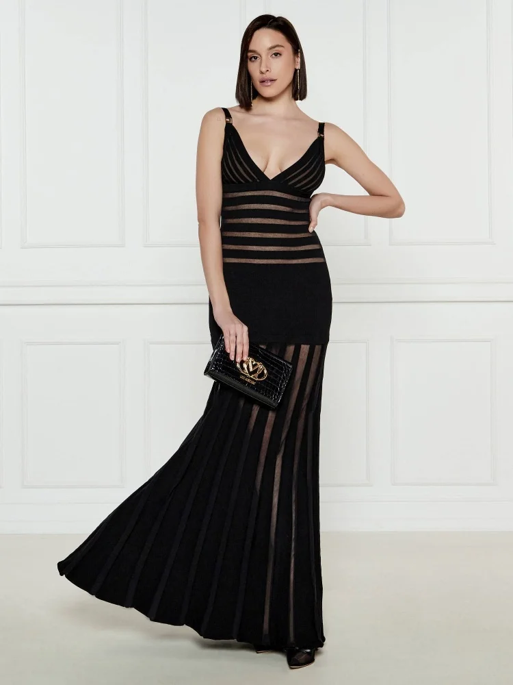 Sexy preto sheer listrado bandage maxi vestido com decote em v profundo 2025 verão oco para fora cinta de espaguete vestidos longos de noite
