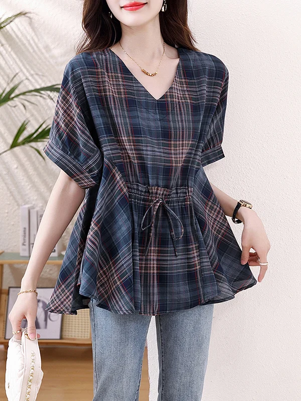 

Trendy Plaid ort Sve Chiffon irt Women's Summer Faion Top Korean Sle Loose Fit Print V-Ne Korean Version