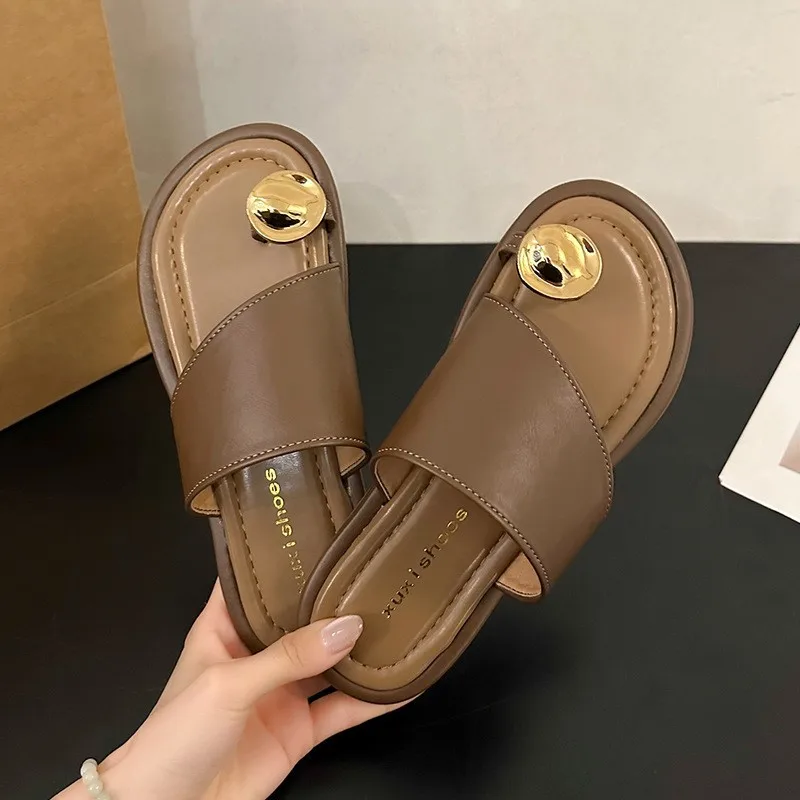 Gioio Shoes Store Small Metal Slip-on Sandals Fashion Women's Spring And Summer New Flat Flip-flops Beach Sandals Drop Shipping