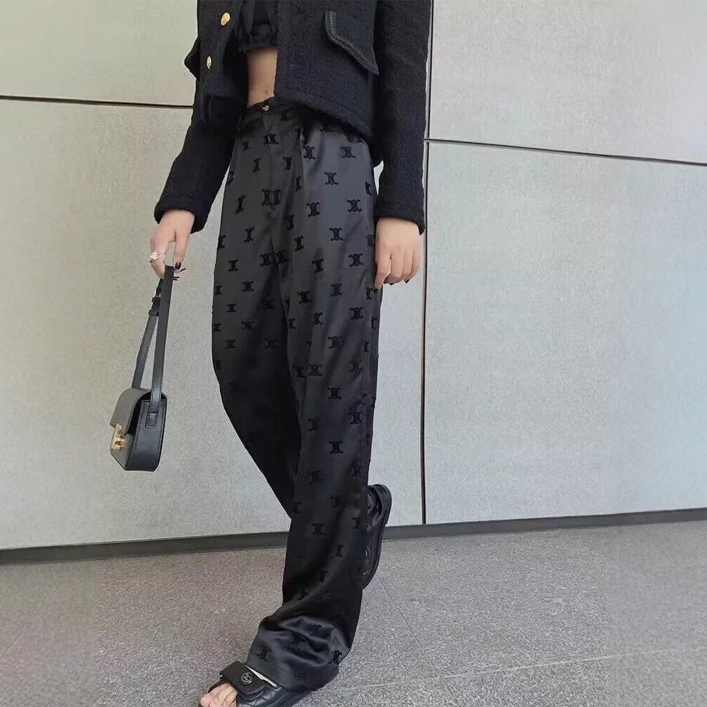 صيف جديد نمط المرأة بنطال ذو قصة أرجل واسعة الحرير الجليد الطابق طول بنطلون مطبوعة المخملية خلات الساتان بناطيل طويلة غير رسمية #4