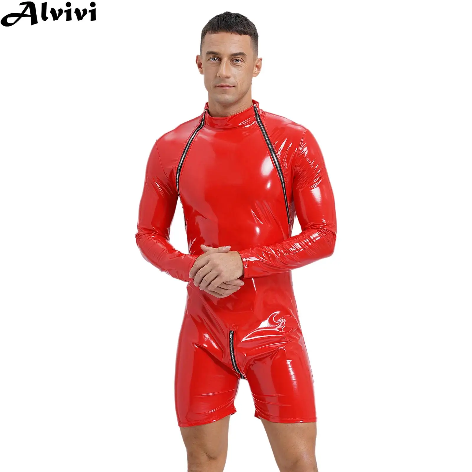 Men Pole Dancing Stage Performance Costume Long Sleeve Wet Look Patent Leather Zipper Bodysuit Nightclub Music Festival Jumpsuit