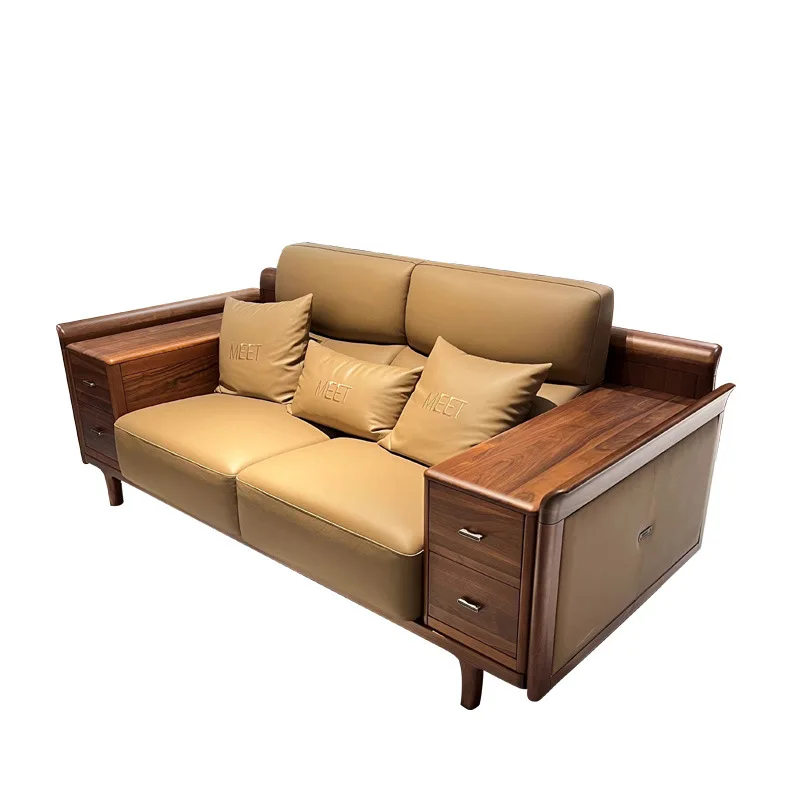 

New Chinese black walnut Italian minimalist solid wood sofa combination villa large flat modern simple living room furniture
