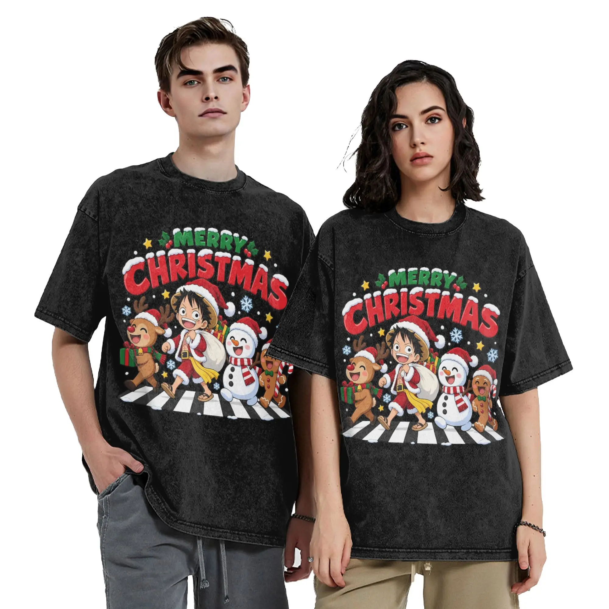 Anime Ones Pieces Luffy Christmas Washed T Shirts Streetwear Retro T-Shirt  Tee Shirt for Men Women 100% Cotton Oversize Summer