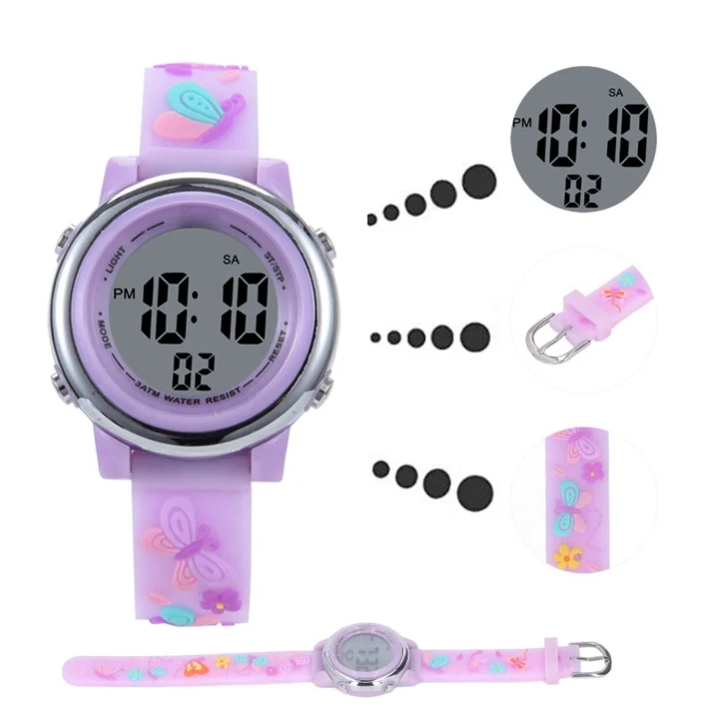LED enfants montre étanche rétro-éclairage dessin animé numérique enfant montre avec réveil chronomètre pour 3 à 10 ans violet clair