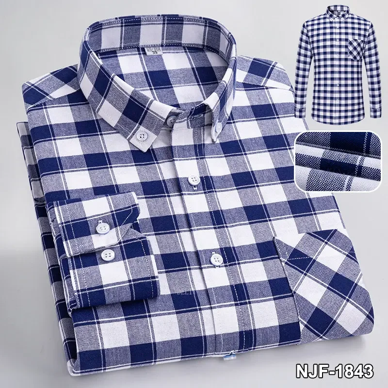 

Men's 100% Cotton Plaid Checkered Long Sleeve Oxford Shirt Front Patch Chest Pocket Button Striped Versatile Casual Shirts