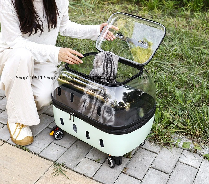 Fashion Transparent Cat Cage Large Capacity Pet Suitcase Breathable Cat Carriers Pull Rod/Handheld Dual Use Cat Transport Cart