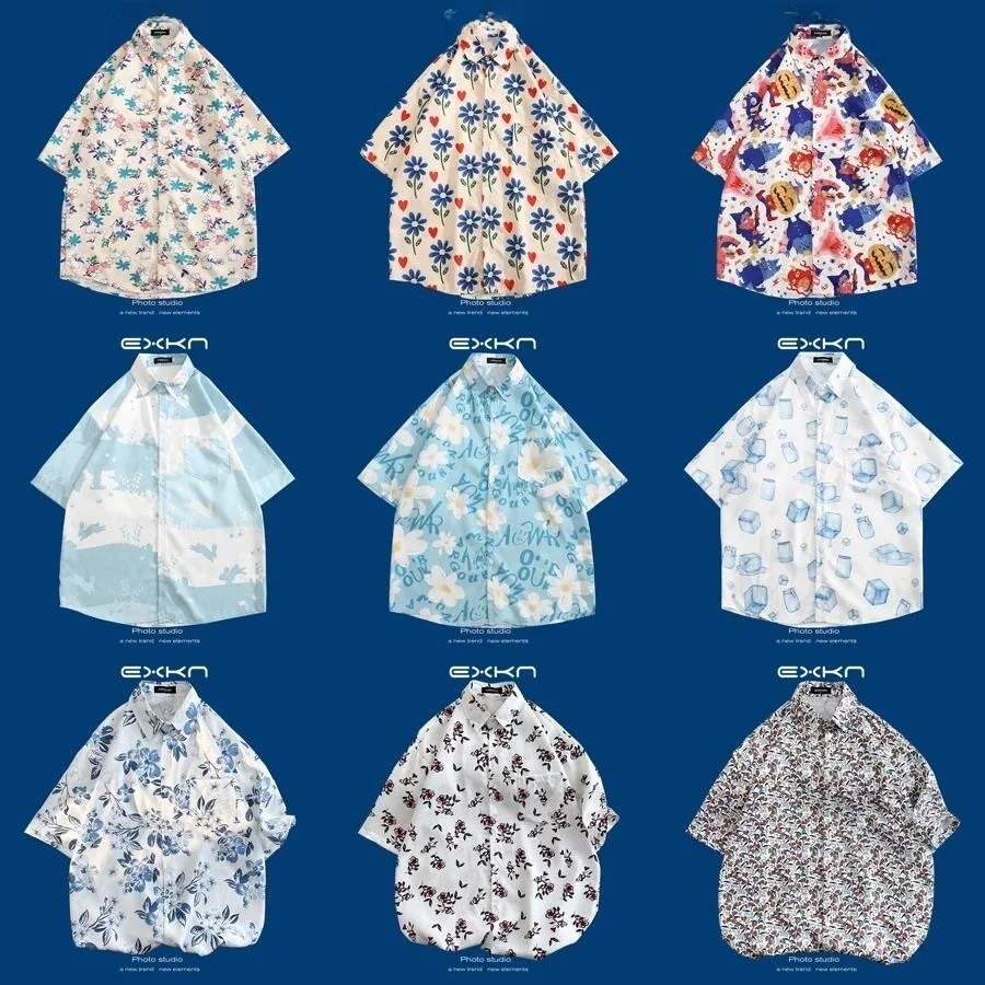 New Summer Hawaiian Loose Beach Couple Shirts Men Women Retro Cool Short Sleeve Printed Polyester Casual  Neck Open Cardigan