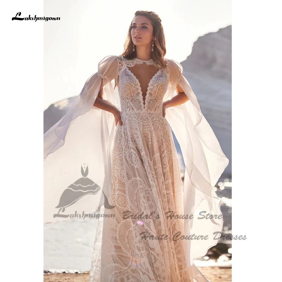 Lakshmigown Vintage Boho Strand-Hochzeitskleider mit abnehmbarem Spitzenumhang 2025 Vestidos Sexy Champagner Brautkleider Tief ausgeschnitten Maßanfertigung – Detail 6