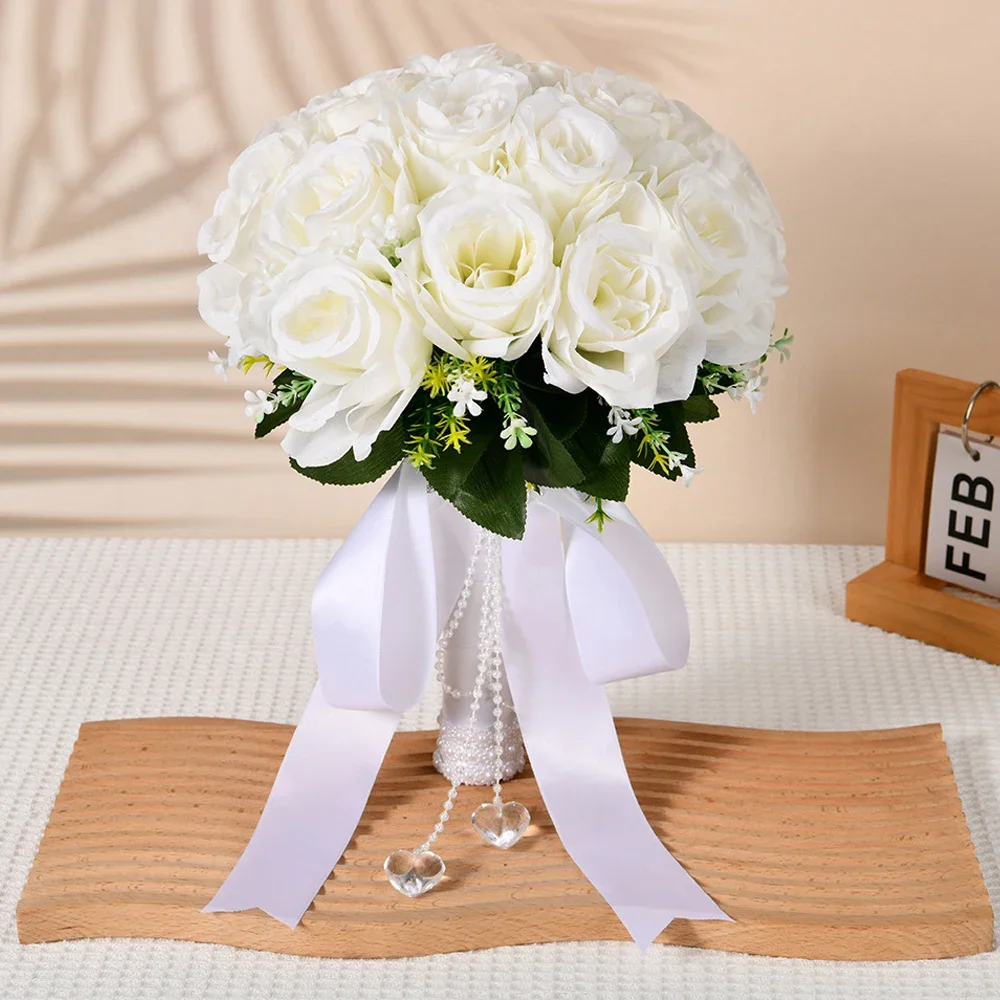 1PC Love Crystal Pendant Wedding Bouquets for Bride Bridesmaid White Rose Flower Bouquet Wedding Ceremony Decorate Bridal Shower