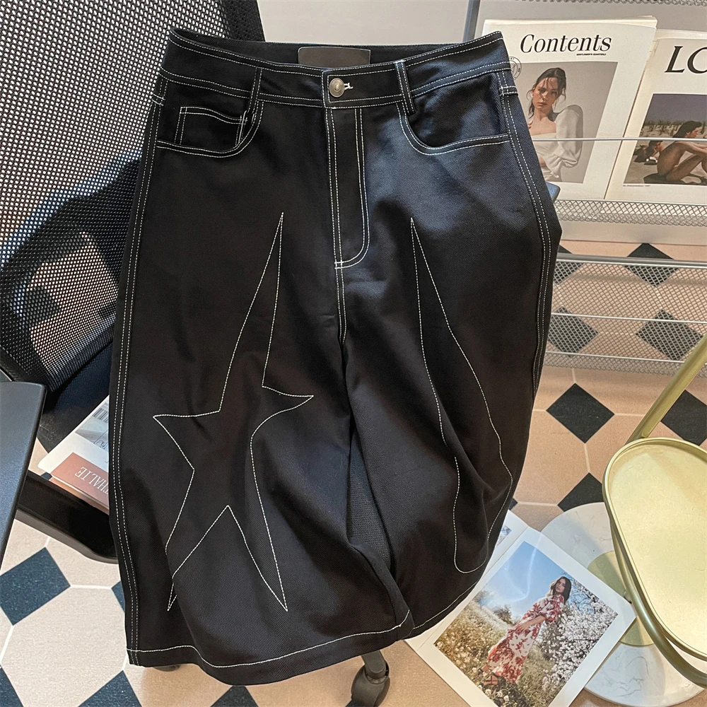 

American Style Retro Star Embroidery Jeans Women Summer 2025 Loose High Streets Calf-Length Pants All-matched Wide Leg Pants