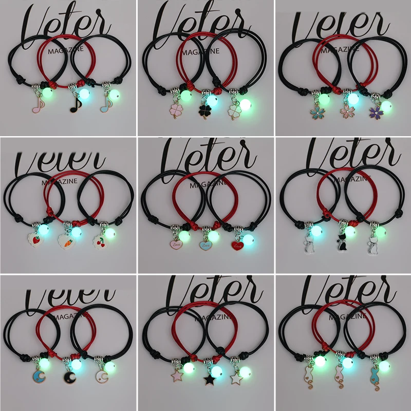 3 Pcs Fashion Luminous Couples Charm Bracelet Friendship Star Moon Heart Clover Cat Pendant Black Red Rope Bracelet Gifts