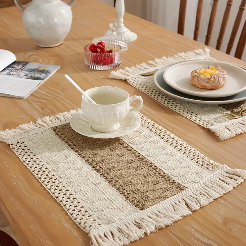 Bohemian Cotton Linen Macrame Table Mat Tassels Colorblocking Weave Placemats Table Coaster for Wedding Dining Party Home Decor