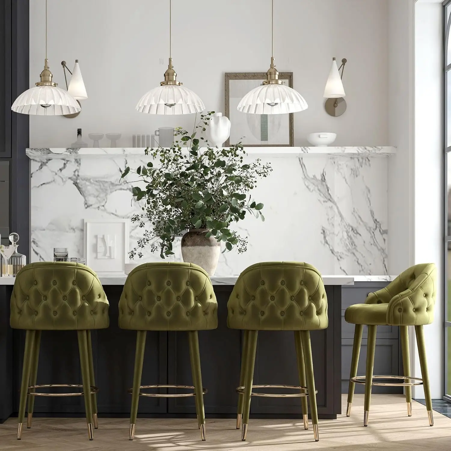 

Набор из 4 зеленых барных стульев 26 дюймов, барные стулья с обивкой из вельвета, высотой до столешницы, с деревянными ножками, с пуговицами, на заказ