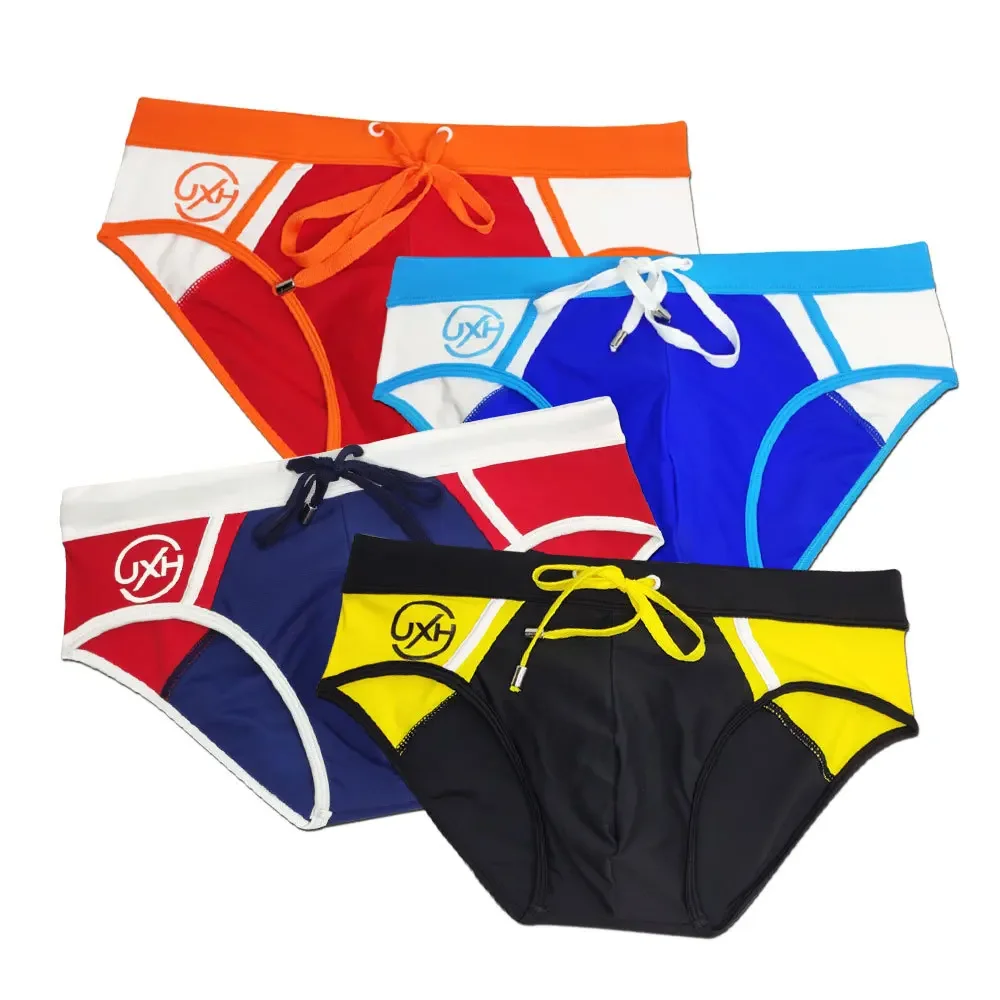 Men\'s Sexy Low Rise Quick Dry Swim Briefs Bikini Swimsuit Splice Trunks Swimwear Underwear Drawstring Summer Beach Board Shorts