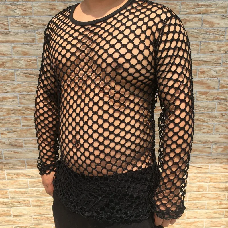 Sexy Hollow Out Black T Shirt for Men Long Sleeve Party Club Mesh T-shirts Casual Streetwear Slim Fit Top Tees Men\'s Clothing