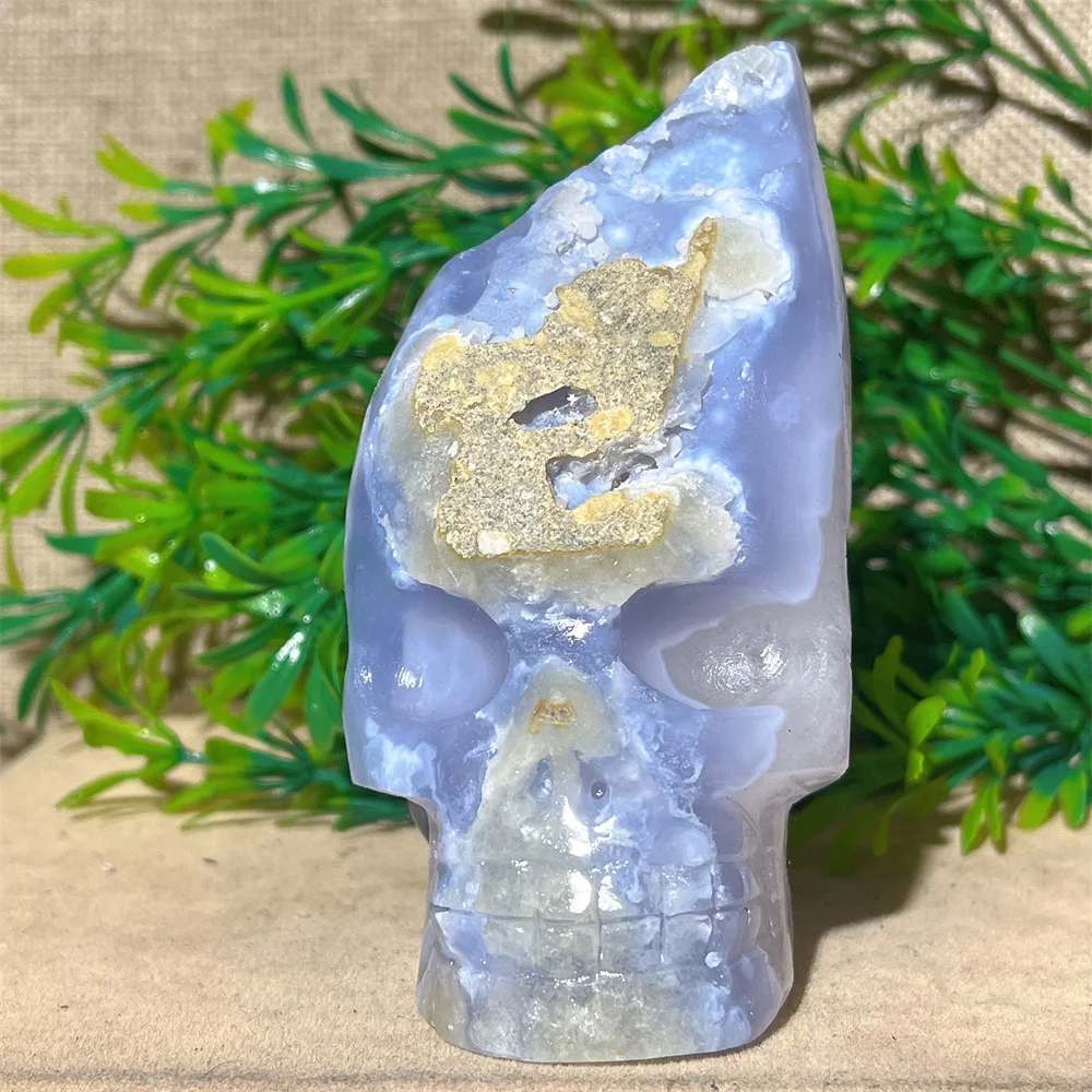 Crystal Natural Blue Lace Agate Cluster Skull  Carving Cranium Craft Reiki Stone Minerals Healing Home Decoration Quartz