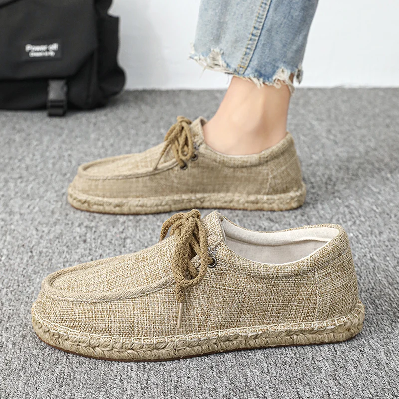 The Latest Oversized Linen Canvas Shoes, Flat Bottomed Casual Driving Shoes,2024 men\'s Versatile Lace Up Lightweight Flat Shoes