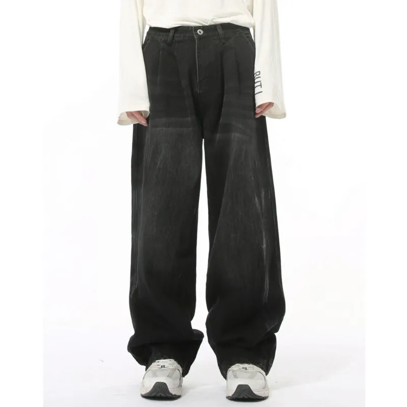 Colección de otoño para hombres, patrón lavado retro de moda, pierna recta ancha, pantalones vaqueros sueltos y versátiles para hombres y mujeres