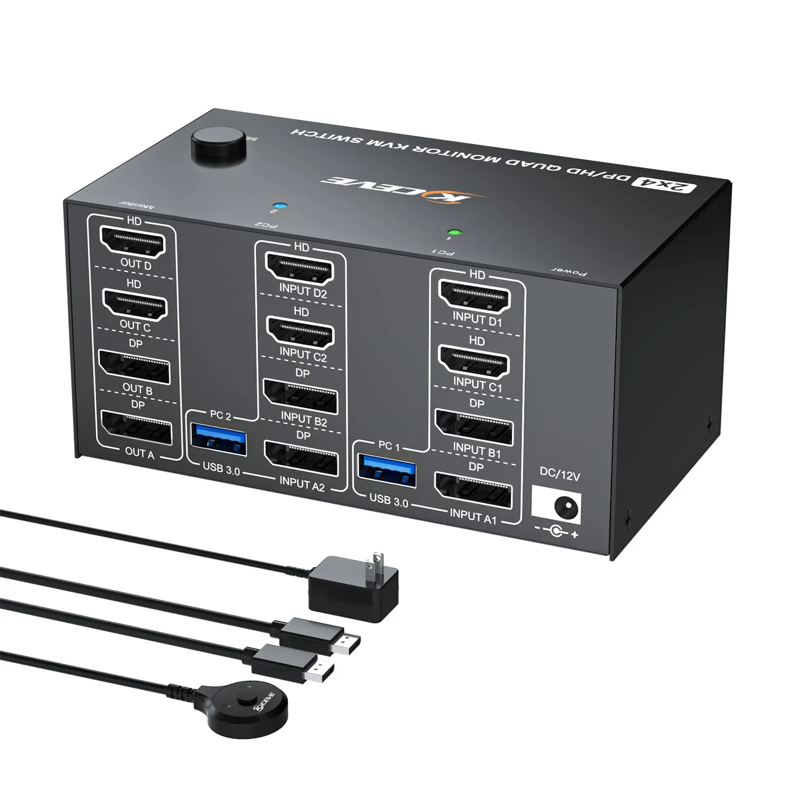 Quad Monitor KVM Switch 4 Monitors 2 Computers HDMI+DP 4K@120Hz/8K@30Hz,USB3.0 KVM Switch 2 PC Share Four Monitor Keyboard Mouse