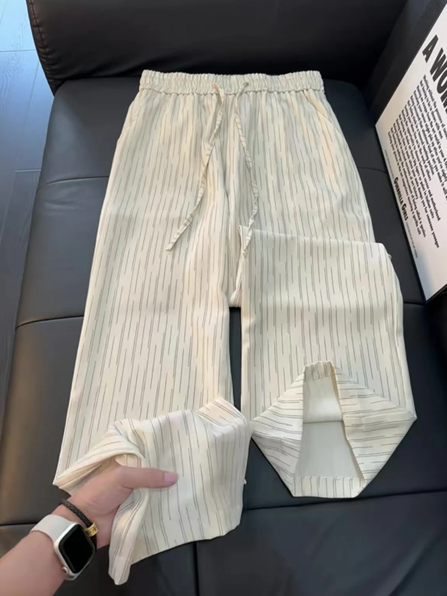 Lightweight Breathable Men's Casual Striped Pants Summer Thin Drapey Loose Straight Leg Long Trousers Fashionable Slimming Ef...