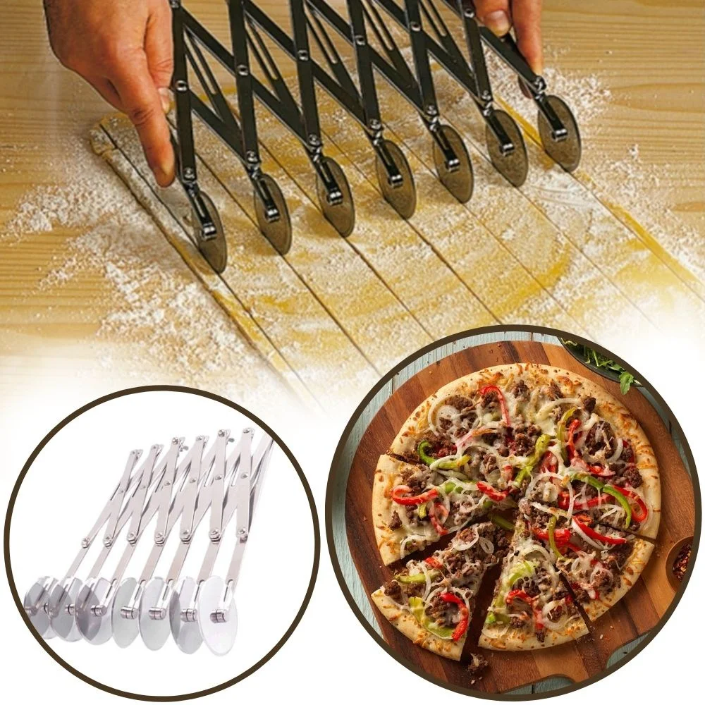 Multi Wheel Pastry Cutter, 7 Blade Stainless Steel Pasta Pizza Dough Cake Pie Crust Roller, Expandable Adjustable Knife Slicer